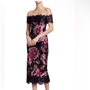 Marchesa Notte Off the Shoulder Sequins Peony Floral Lace Midi Dress Sz 4